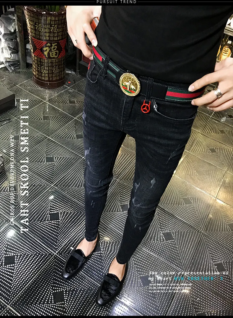 NEW spring autumn skinny strech Casual ripped hole fashion black teenagers hip hop cowboy denim leg jeans men pencil pants