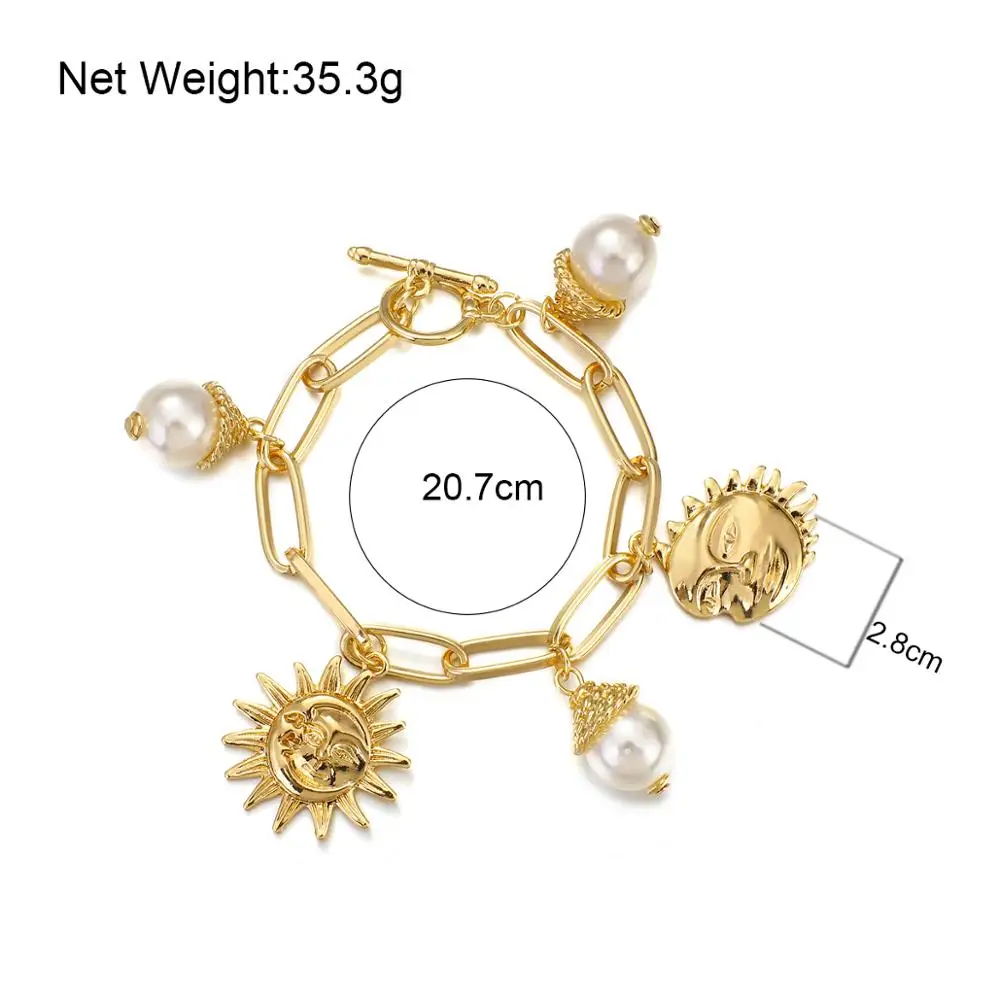 

Amorcome Vintage Geometric Hollow Chain Bracelet Femme Moon Sun Face Pendant Pearls Charm Bracelets Women Fashion Friends Gift