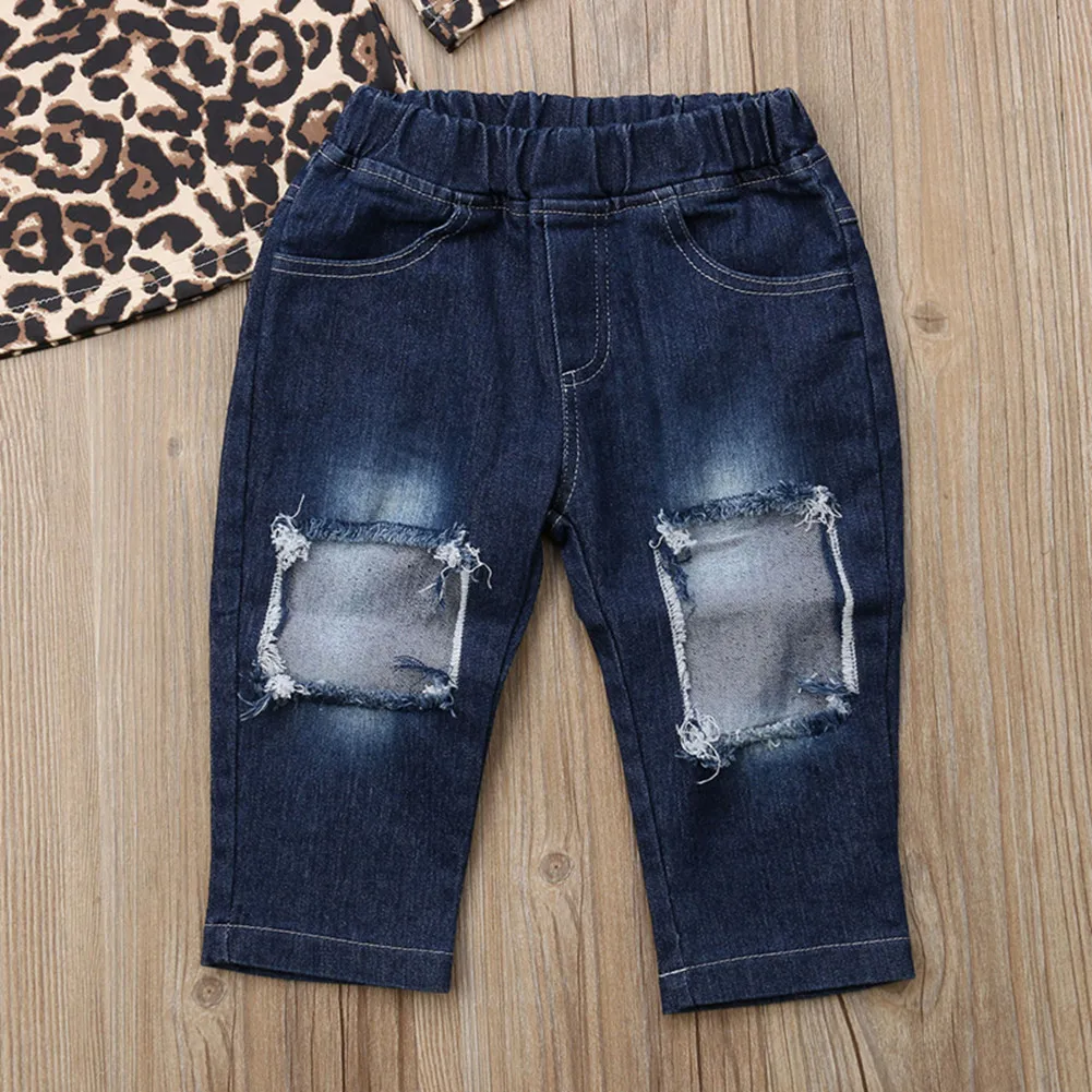 Fashion 2PCS Toddler Kid Baby Girl Long Sleeve Leopard Tops+Ripped Denim Pants Kids Clothes Outfits Set | Детская одежда и обувь