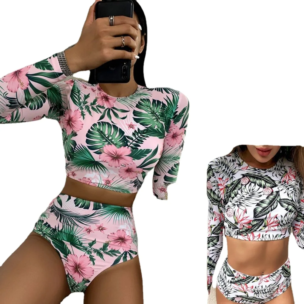 

Women Rash Guard Long Sleeve Floral Printed Swim Shirt Swimwear UPF 50+ Sun Protection Swimsuit High Waist Tankini Bathing Suits