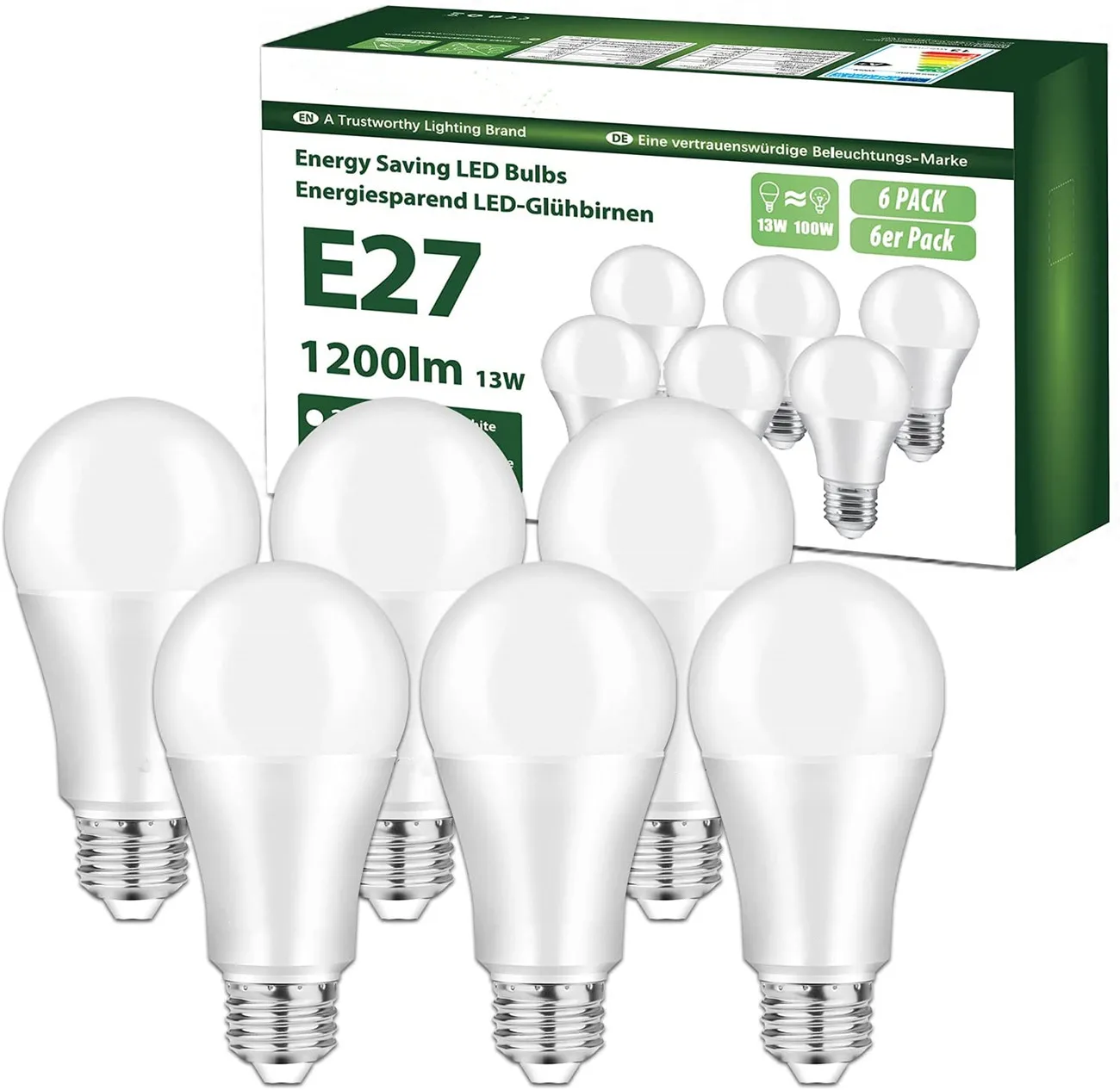 

E27 LED bulb 13W 1200 Lumen bulbs replacement 100W halogen 3000K warm white A60 Screw Light Bulb,Pack of 6