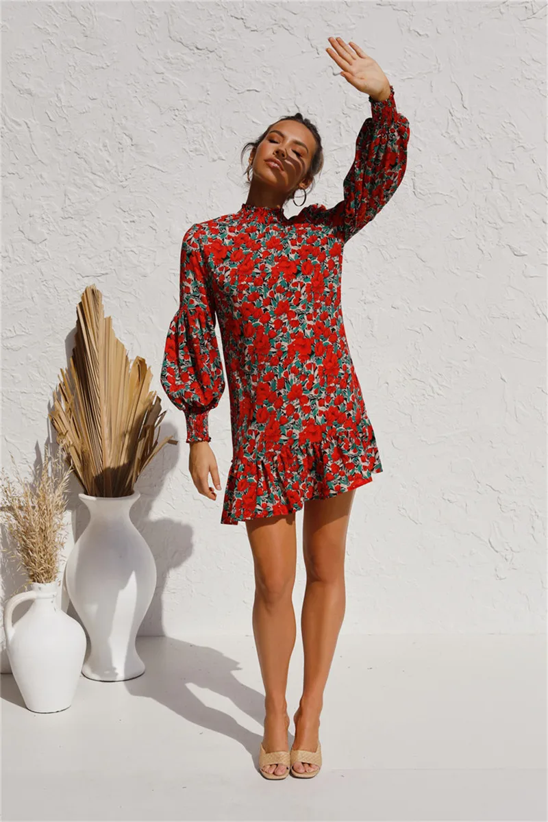 

Woman Floral Long Sleeve Dress Lantern Sleeves Stand Collar High Waist Dress Autumn Bohemia Mini Retro Dress