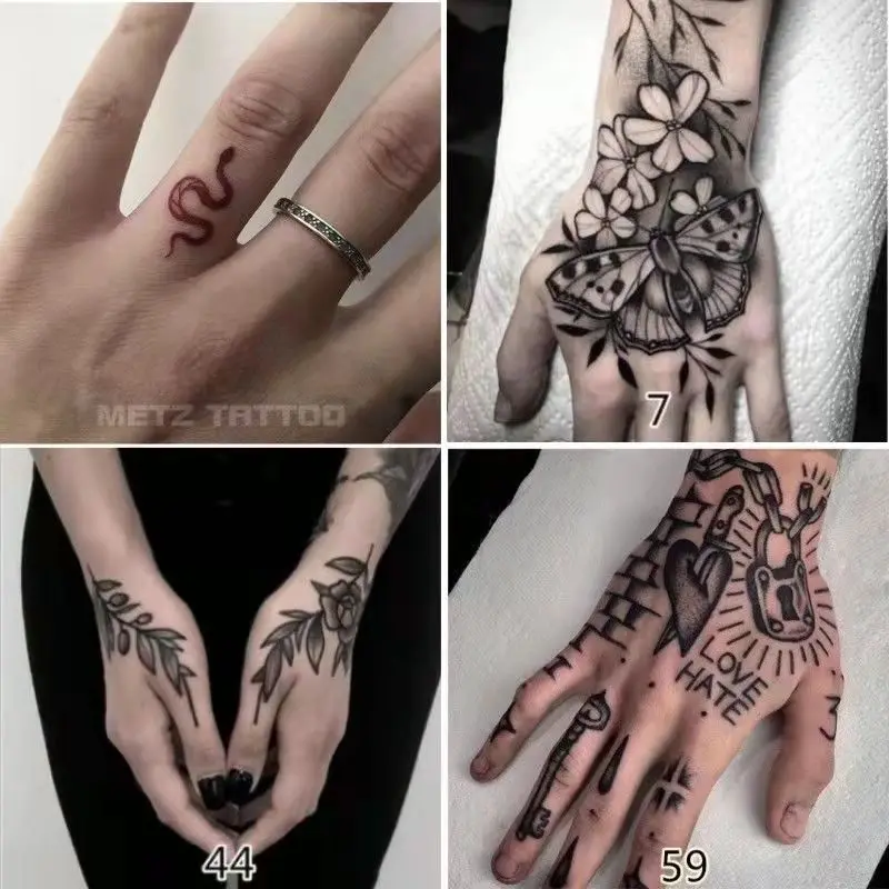 

12pc/Lot Dark Tattoo Stickers Waterproof Hand Back Flower Arm Men Women Personality Art Fake Tattoos Fire Love Temporary Tattoo