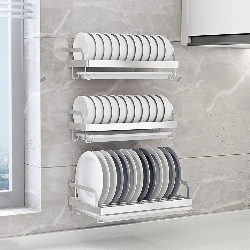 304 stainless steel wall mounted dish drying rack kitchen organizer drain holder plate storage shelf sink drainer cutlery box free global shipping