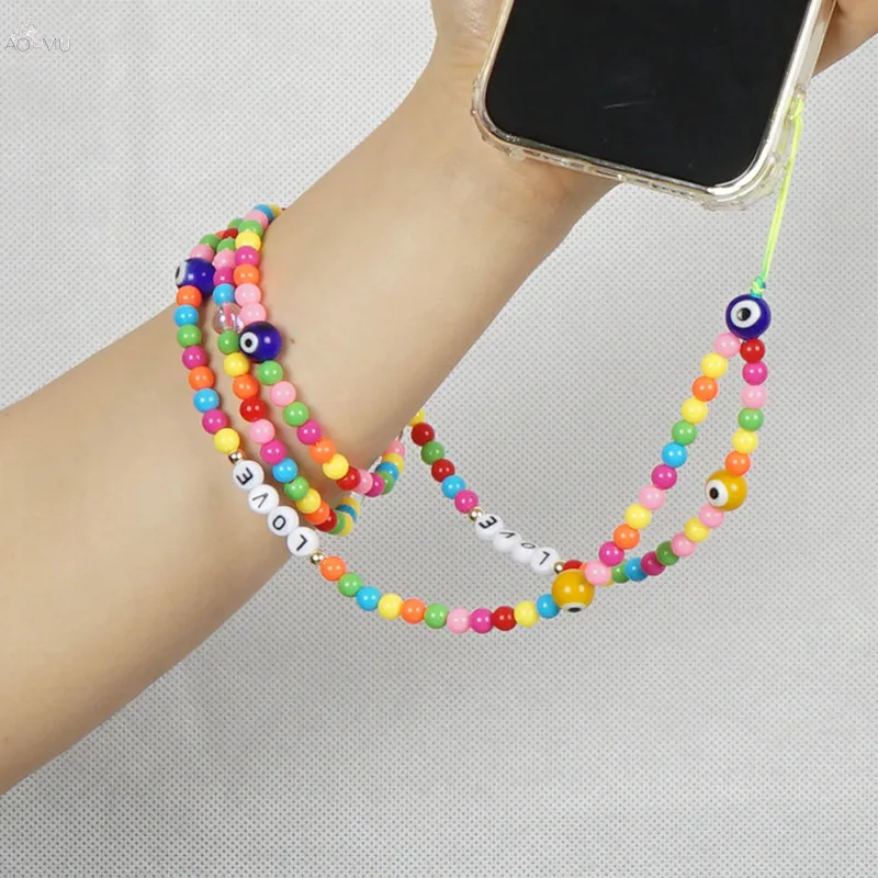 

Ethnic Colorful Beads Mobile Phone Chain Candy Color Resin Beaded LOVE Letter Long Mobile Phone Rope Necklace for Female