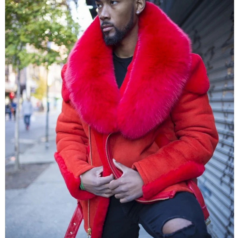 

Mandylandy красные Большие меховые воротники на молнии кожаные куртки верхняя одежда мужское кожаное пальто с пряжкой на ремне модная зимняя ве...