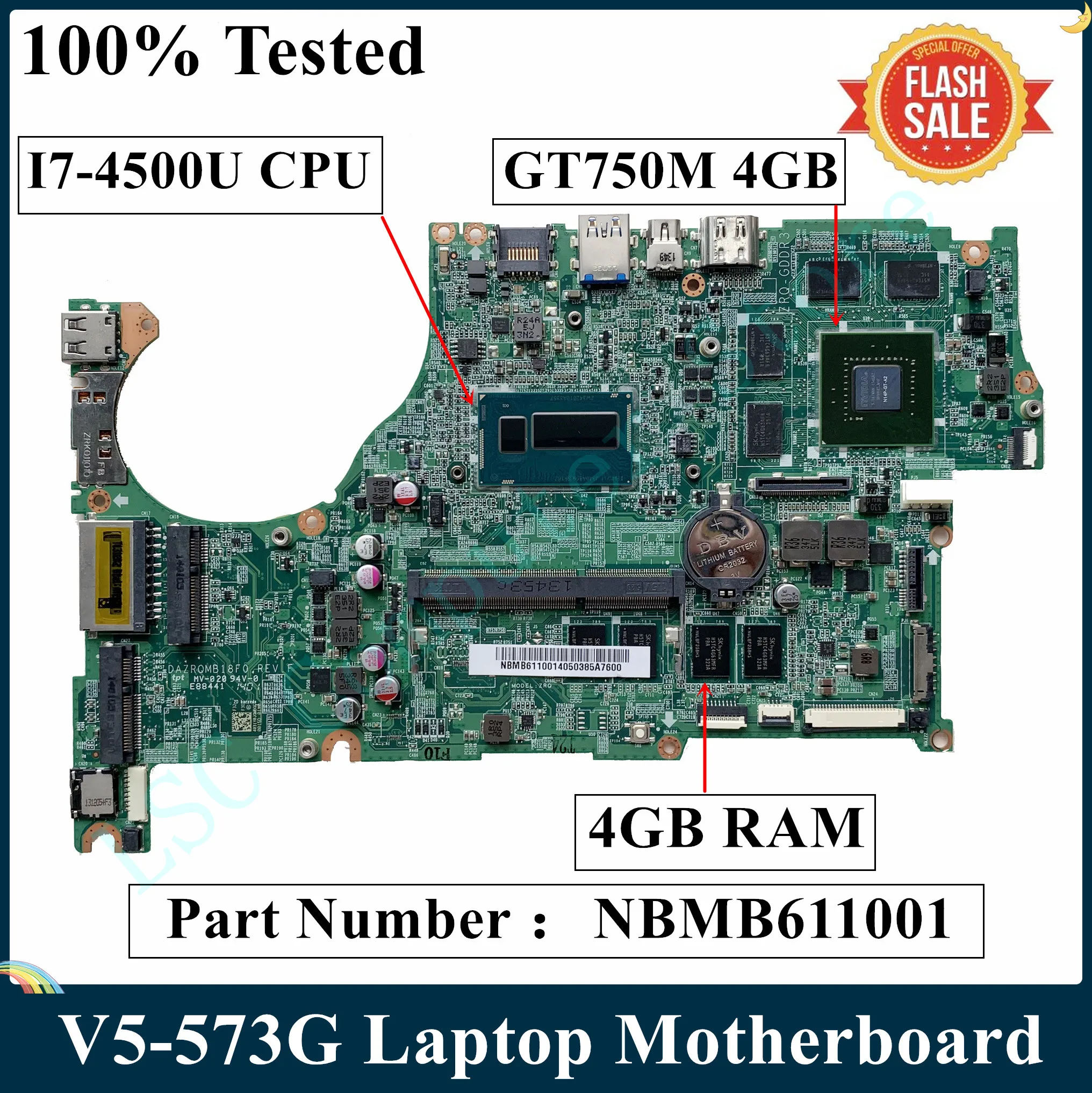 Материнская плата LSC для ноутбука Acer V5-573G NBMB611001 с процессором SR16Z I7-4500U 4 Гб ОЗУ GT750M