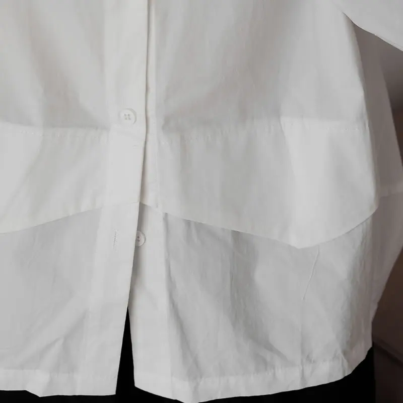 

XITAO Simplicity Solid White Women Shirt Summer New Fashion Stand Collar Loose Splicing Long Sleeve All-match Top WMD1222