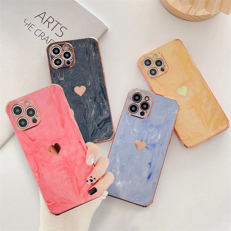 

Marble Pattern Electroplated Love Heart Phone Case For iPhone 13 12 11 Pro Max 7 8 Plus XS XR X Camera Protection Silicone Cover