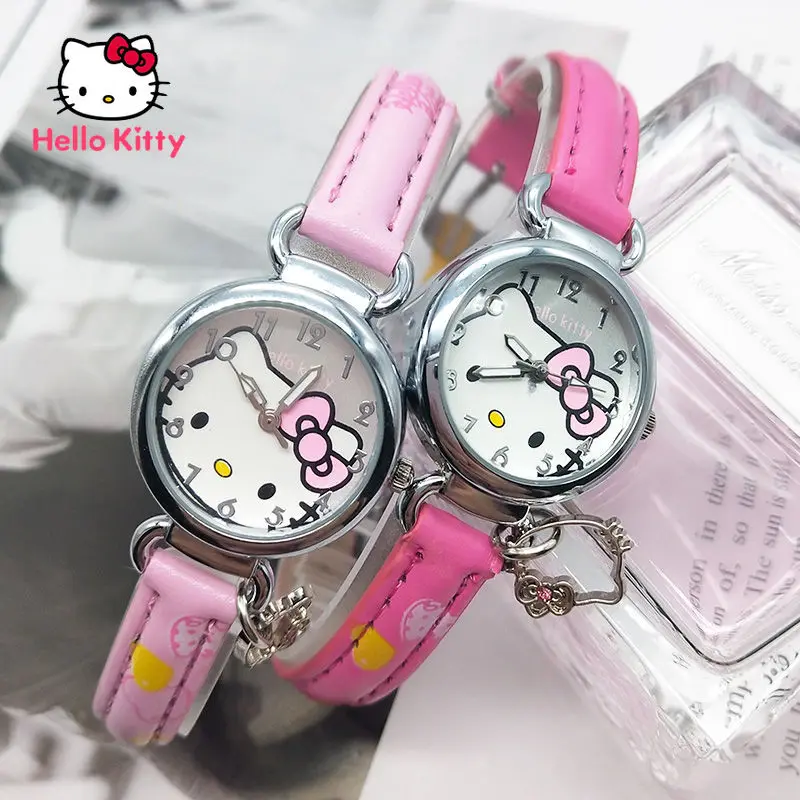 

Hello Kitty Watch Kids Cartoon PU Belt Cute Round Quartz Watch Princess Pink Girl Watch with Birthday Gift