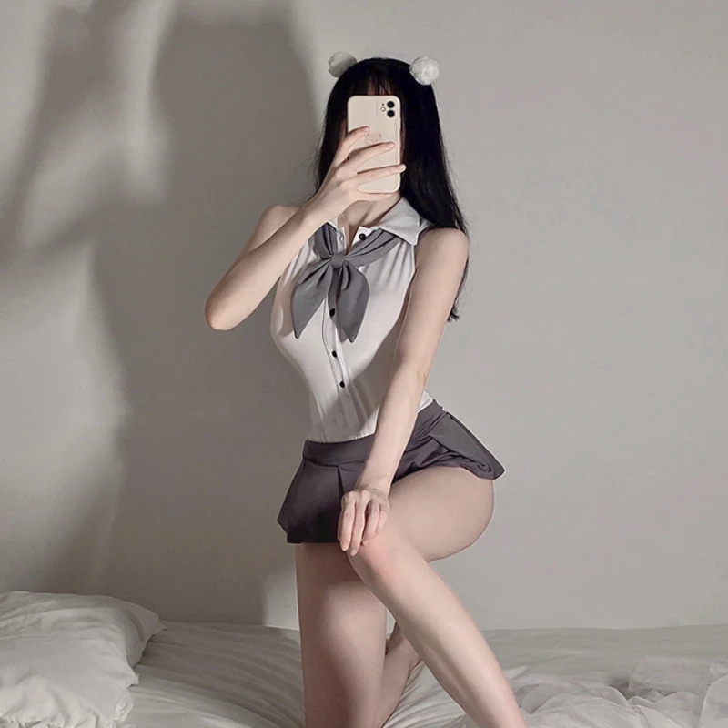 Женское Ажурное боди с бантом и открытой спиной плиссированная Милая Мини-юбка