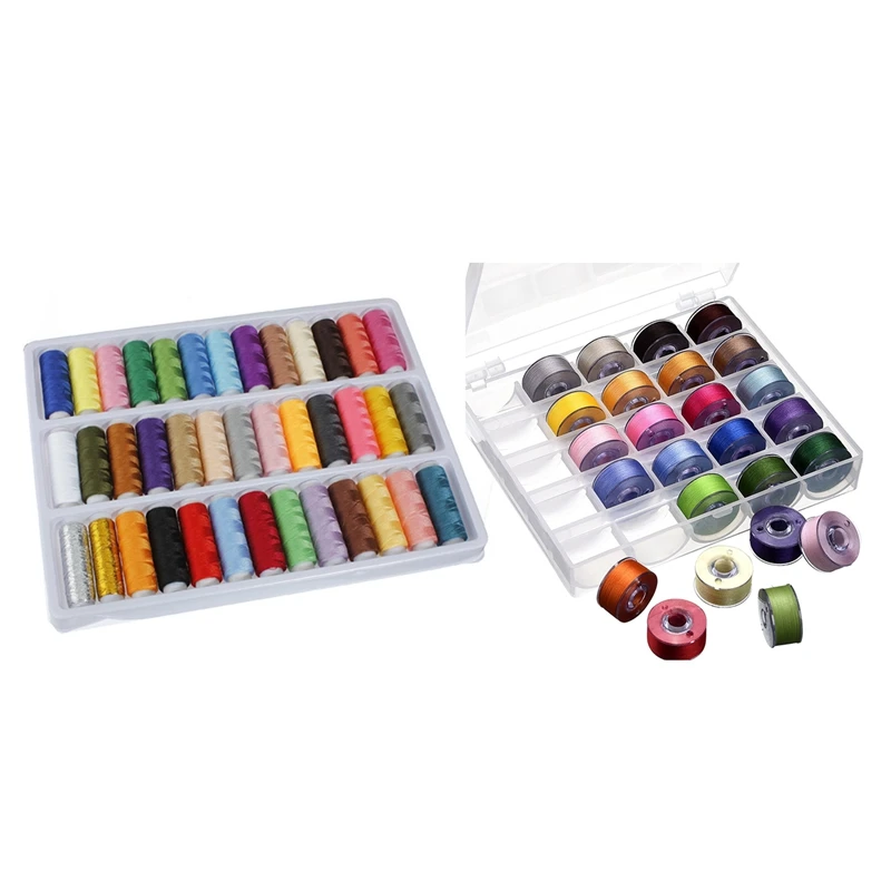 

39Pcs Rolls Assorted Colour Spools Polyester Thread for Sewing Hand Machine & 1 Set Bobbin Case Organizer with 25 Clear Sewing M