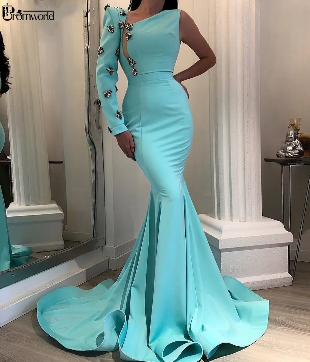 Abendkleider 2021ใหม่แขนยาว Mint Mermaid ชุดราตรีลูกปัดอิสลามดูไบซาอุดีอาระเบียคำอย่างเป็นทางการชุดพรหม Gowns