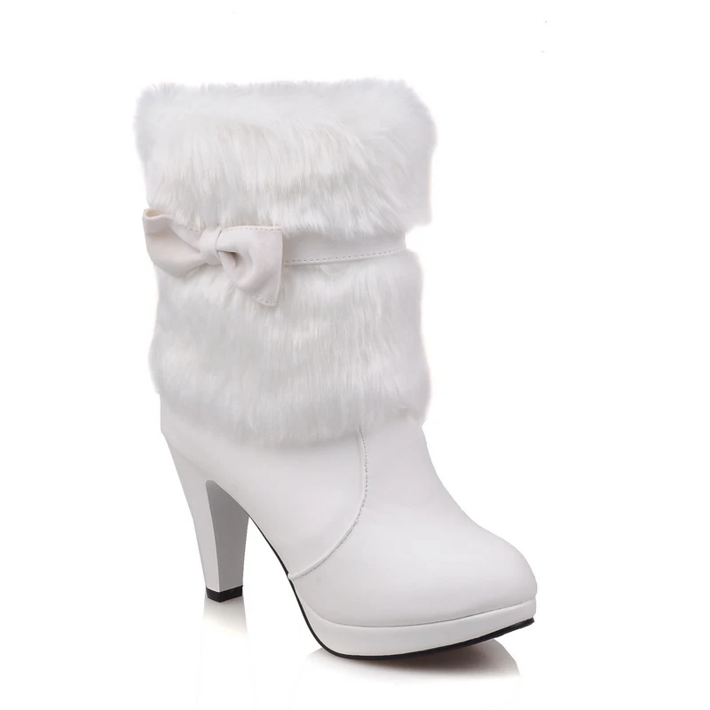Сапоги на высоком каблуке с кроличьим мехом женская плюшевая теплая обувь