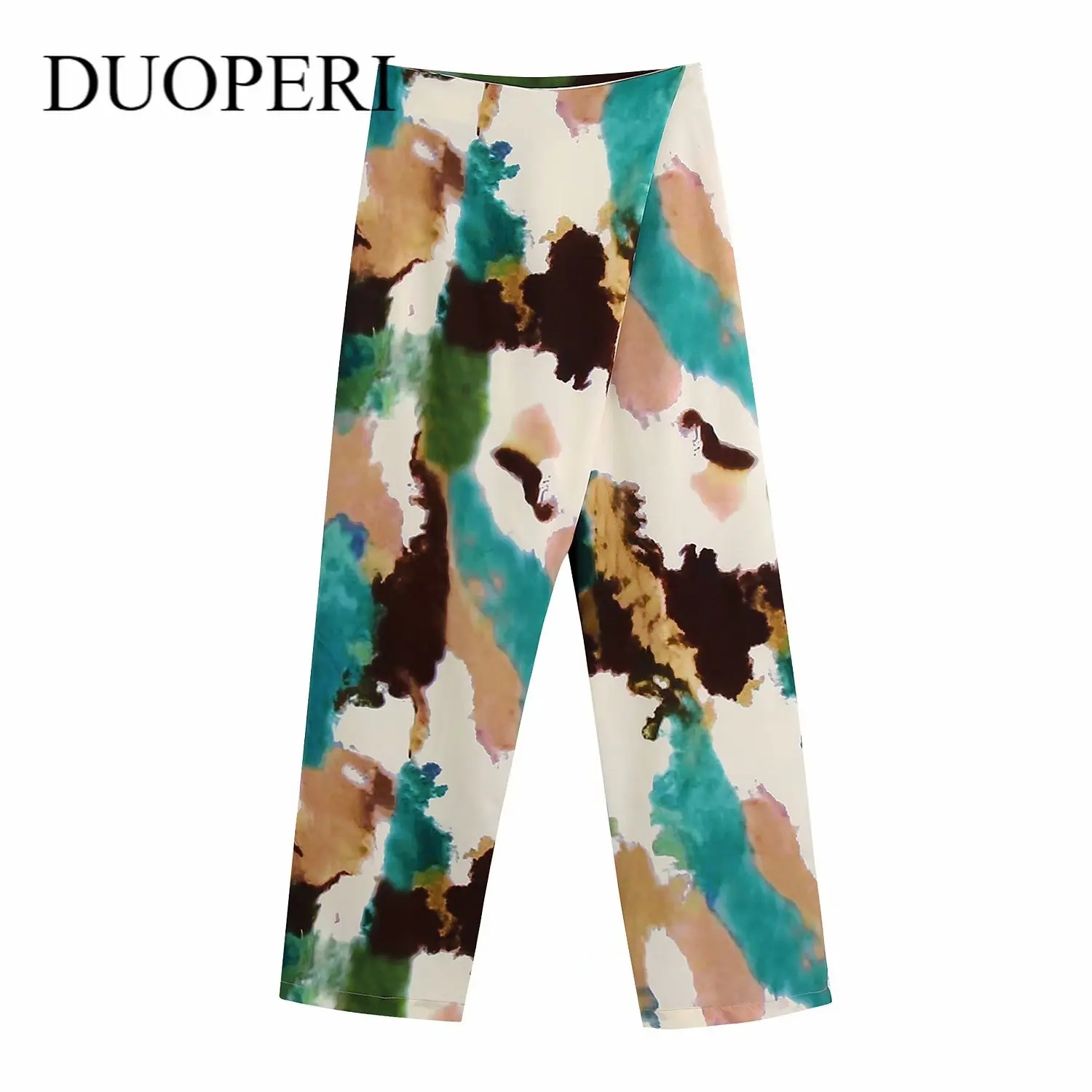 

DUOPERI Women Vintage Multicolor Print Pants Casual Hight-waist Side Zip Fashion Wide Leg Trousers Female pantalon pour femme
