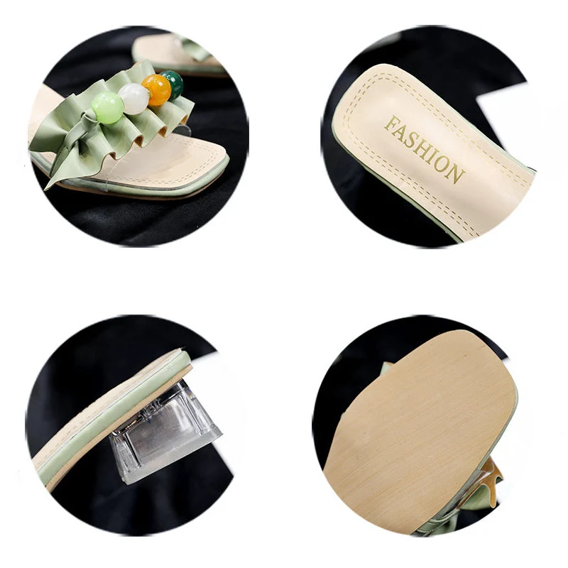 

Clear Crystal String Bead Slippers 2021Fashion Open Toes Casual Women Sandals Elegant Comfort Non-Slip Summer High Heels Slides
