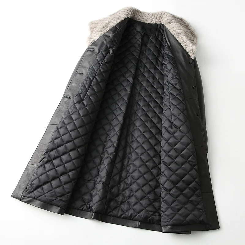 Superior Real Sheepskin Genuine Leather Mink Collar Black Long Three Buttons 3XL Turn-down Collar Women Winter Lady Quilted Coat
