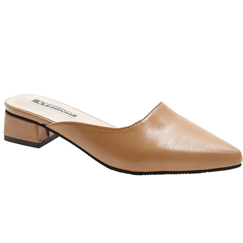 

Female Shoes Square heel Slippers Soft Cover Toe Med Luxury Slides 2021 Block Comfort Designer Pointed Rome Fashion PU Basic Rub