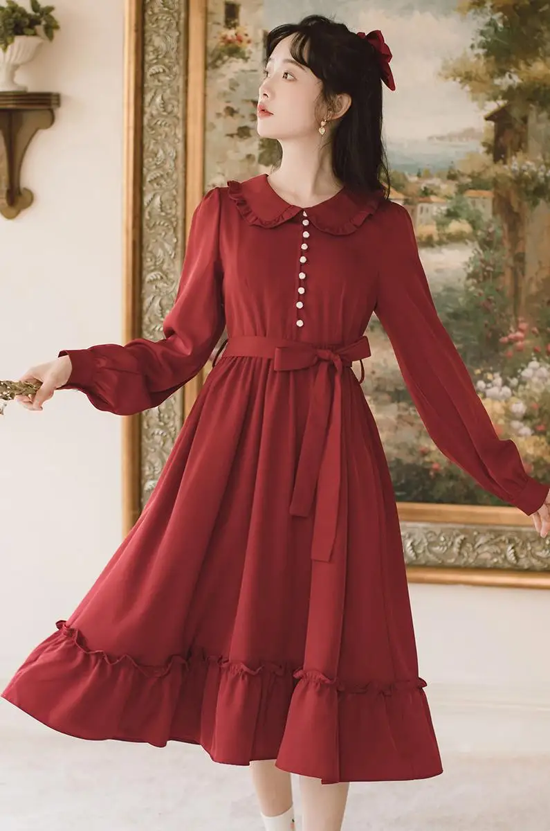 

COIGARSAM French Style Full Sleeve Women dress Spring Dresses Wine Red x9003
