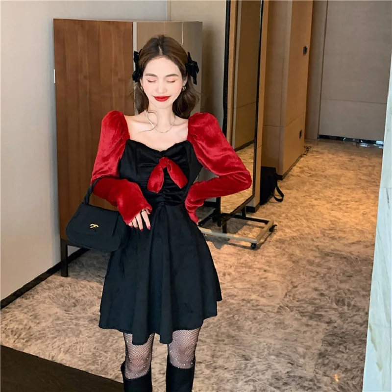 

Patchwork Color Elegant Dress Women Autumn Sexy Chic Bow Puff Sleeve Mini Dress Female Sweet Kawaii Korean Slim Party Dresses