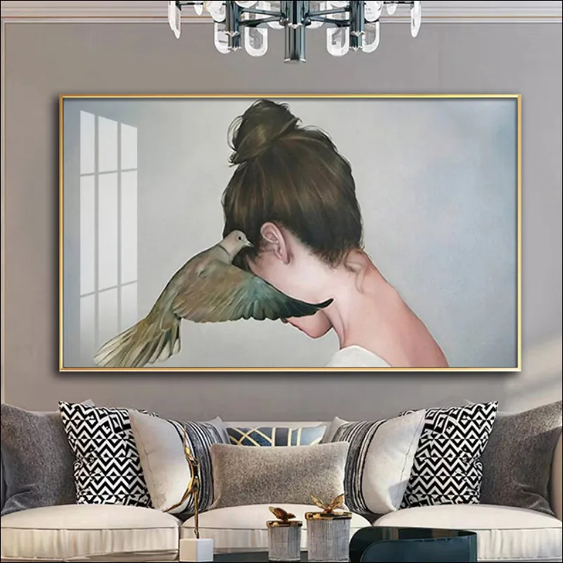 

Figure Painting Bird Girl Canvas Art Poster Modern Beauty Back Printing Waterproof Decoration Mural Family Gift 120x60 80X40 Cm