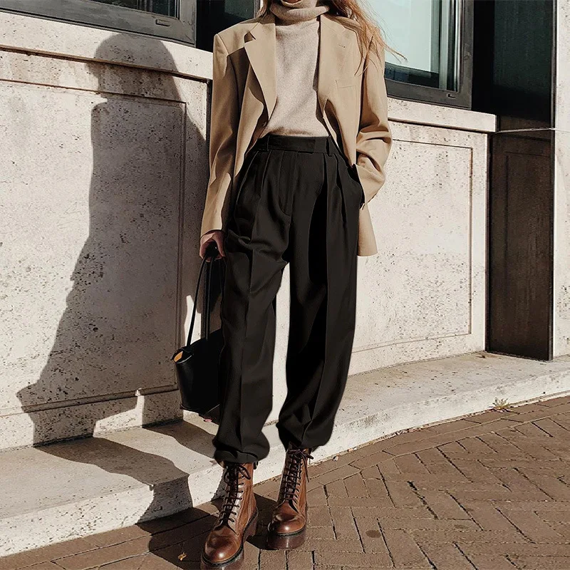 Повседневные спортивные штаны джоггеры с высокой талией плиссированные