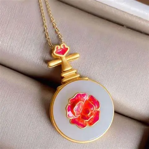 

Natural Hetian Jade Gold Retro Ethnic Style Pipa Zhiyin Pendant S925 Sterling Silver Exquisite Necklace Han Chinese Clothing Acc