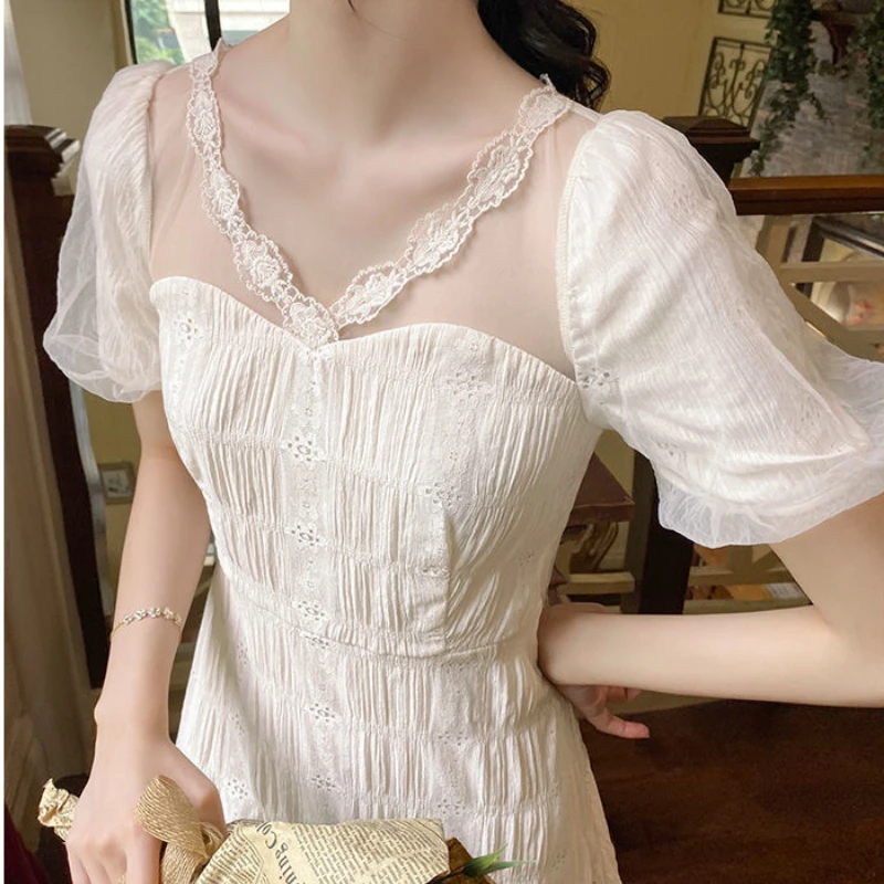 

Elegant Mesh Fairy Dress Women Puff Sleeve Korean Backless Midi Dress Female 2021 Summer One-piece Dress Wedding Party Clothing