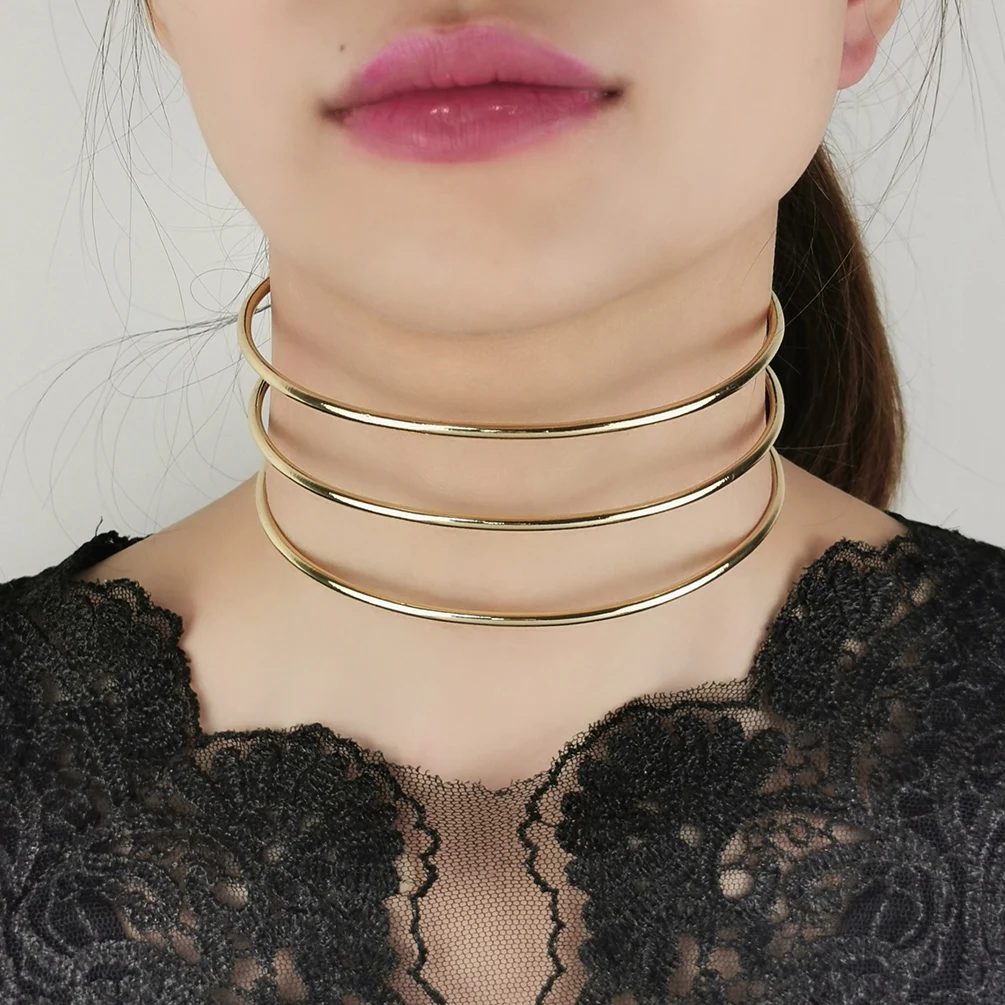 

MANILAI 3 Layers Metal Torques Choker Necklaces Women Neck Fit Bib Collar Wide Statement Necklace Maxi Fashion Jewelry African