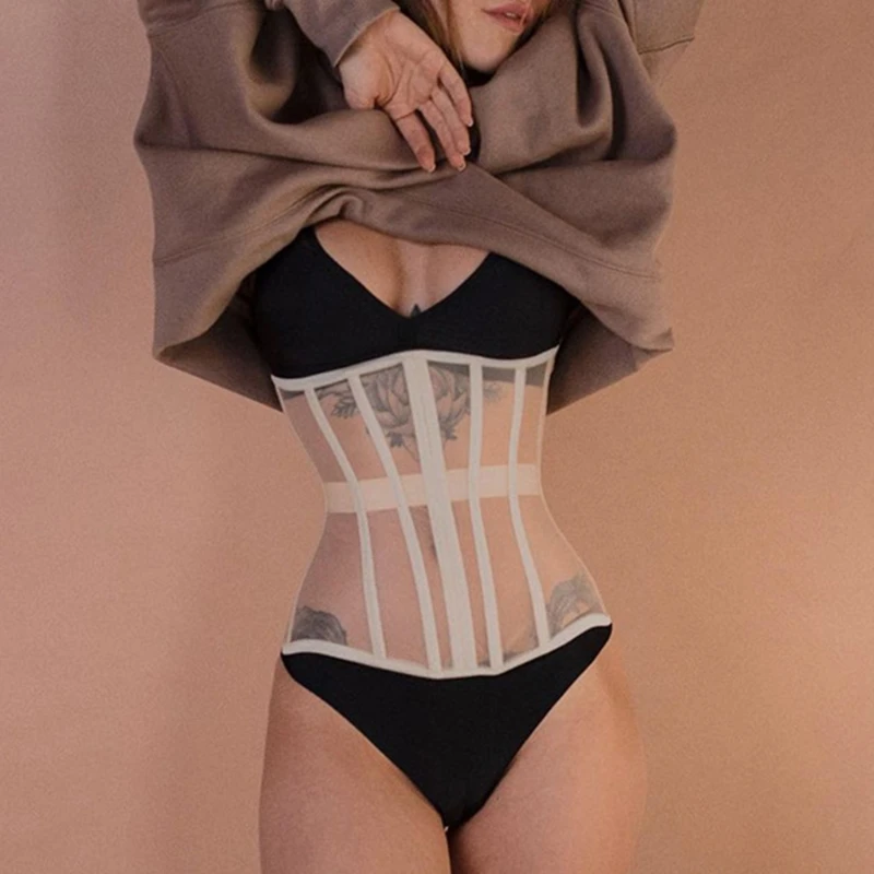 

Women Sexy Sheer Mesh Underbust Corset Top Crisscross Lace-Up Bandage Bustier Slimming Waist Belt Cincher Body Shaper