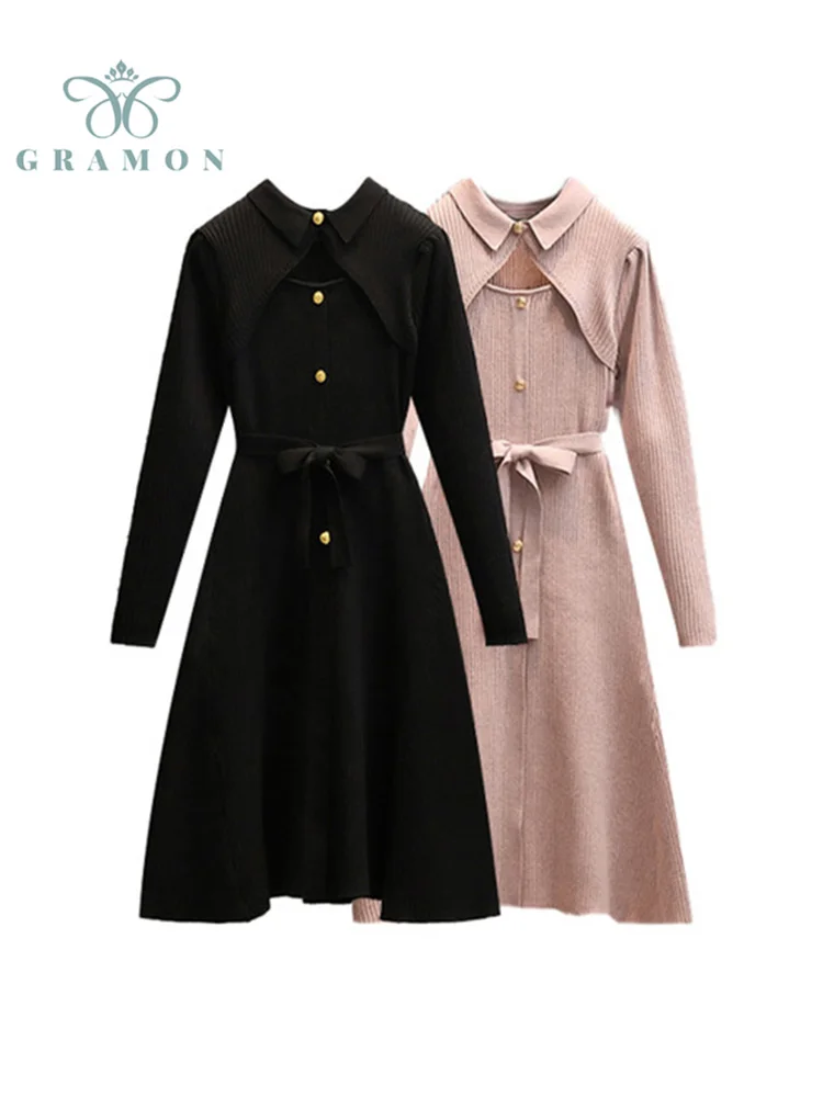 

Knitted Dresses For Women 2021 Autumn Fashion Lapel Long Sleeve Slim Winter Bottoming Dress Solid Color Plus Size Vestidos Femme