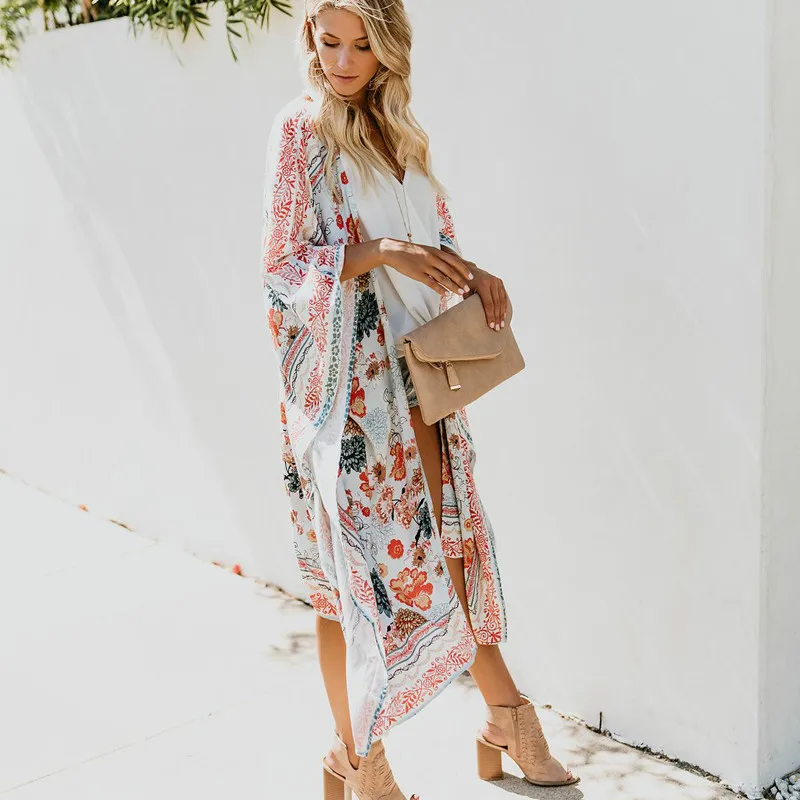 TEELYNN chiffon floral print bikini cover up for women robe boho beach wear summer Cardigan casual long blouse shirt kimono top | Женская