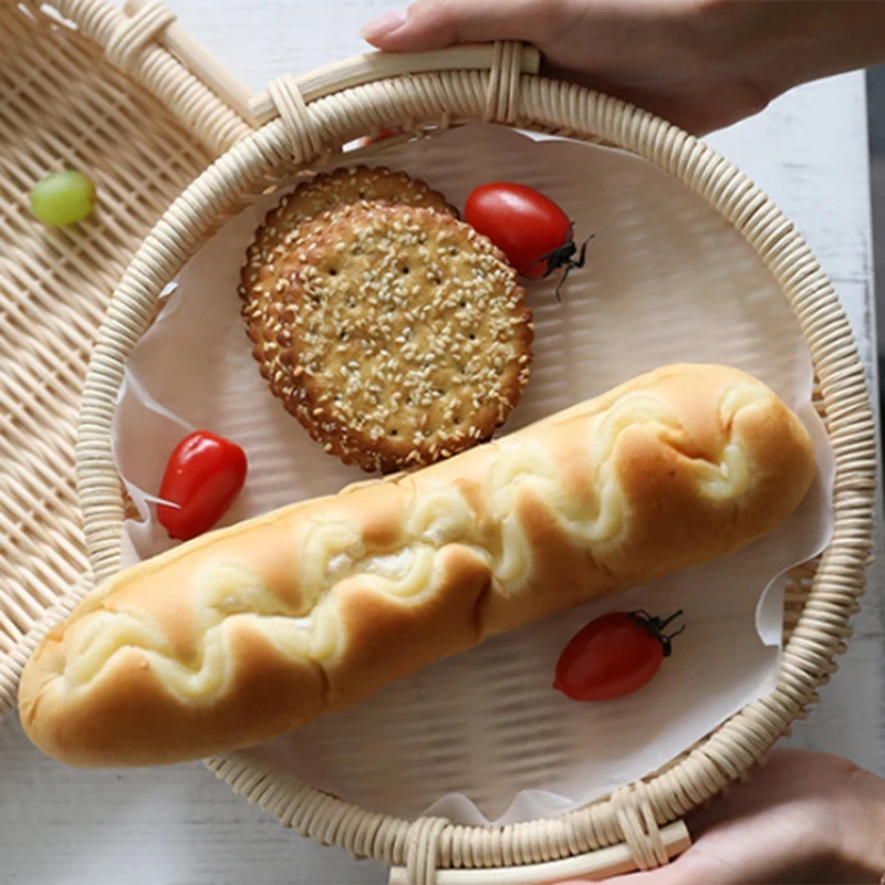 

Handmade Rattan Weaving Storage Tray Round Rectangle Basket with Handle Basket Bread Fruit Food Breakfast Display
