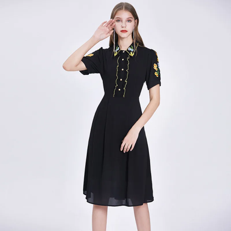 

Женское модельное винтажное платье, Дизайнерское черное праздничное платье с коротким рукавом и цветочной вышивкой, лето 2020