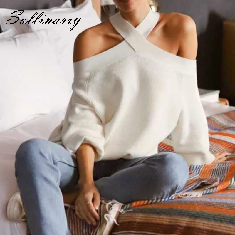 Sollinarry solid white black sexy halt sweater jumper women club 2020 fashion holiday lantern sleeve pullovers sweaters | Женская одежда