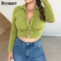 beyouare harajuku style folds knitted t shirt womens crop tops buttons turn down collar long sleeve solid slim tee 2021 summer