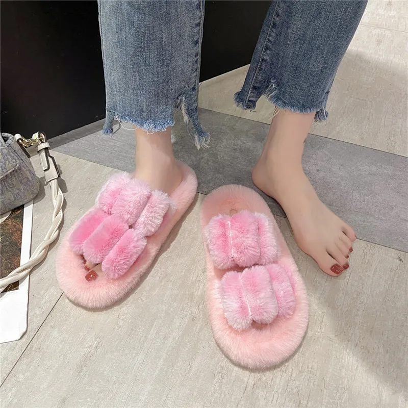 Chaussure Femme Slippers Casual Flock Flat Shoes Female Slides Platform Fur Flip Flops Women Luxury Soft Plush 2021 Basic Indoor