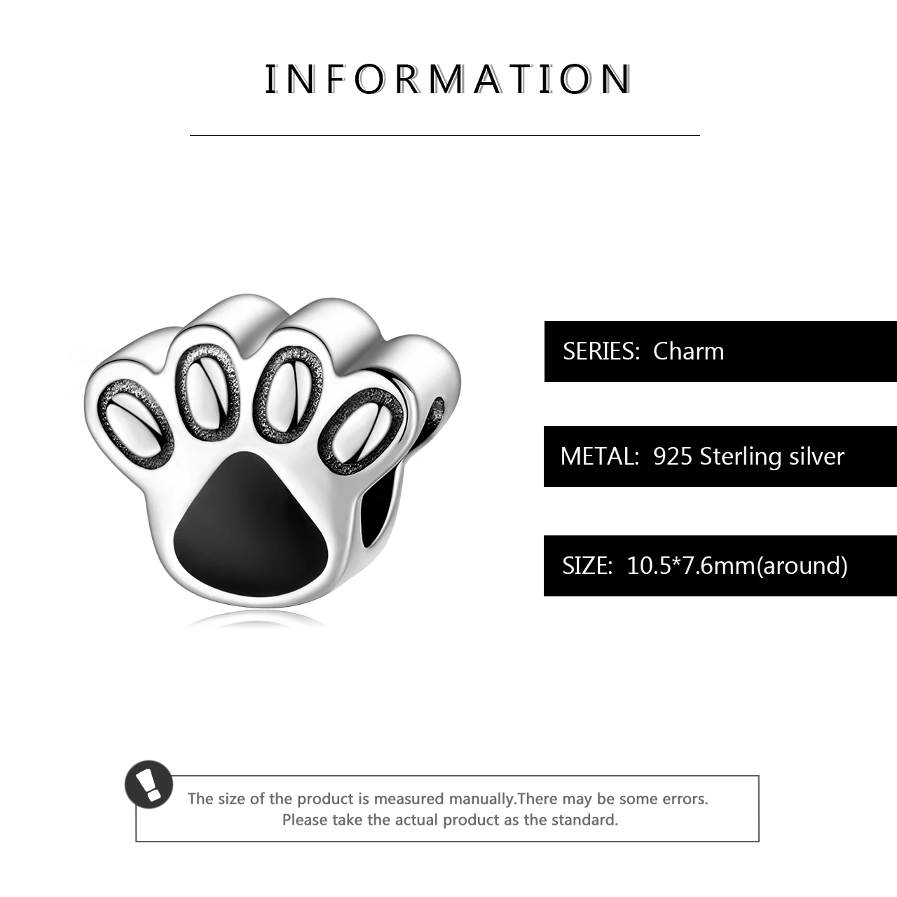 Бусины из серебра 925 пробы с черной эмалью в виде щенячьей лапы для изготовления