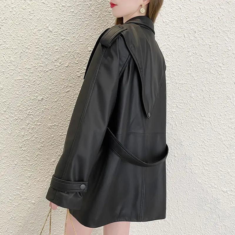 2022 Casual Genuine Sheep Leather Jacket New Lace-up Waist Mid-length Navy Collar Jacket H9