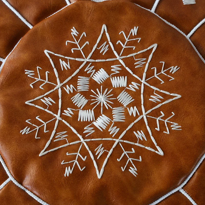 

Nordic Style Moroccan Artificial Leather Pouf Craft Mandala Embroidery Ottoman Footstool Round Unstuffed Cushion High Quality