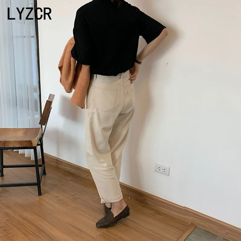 Зимние Бежевые женские бархатные теплые джинсы LYZCR утепленные с высокой талией