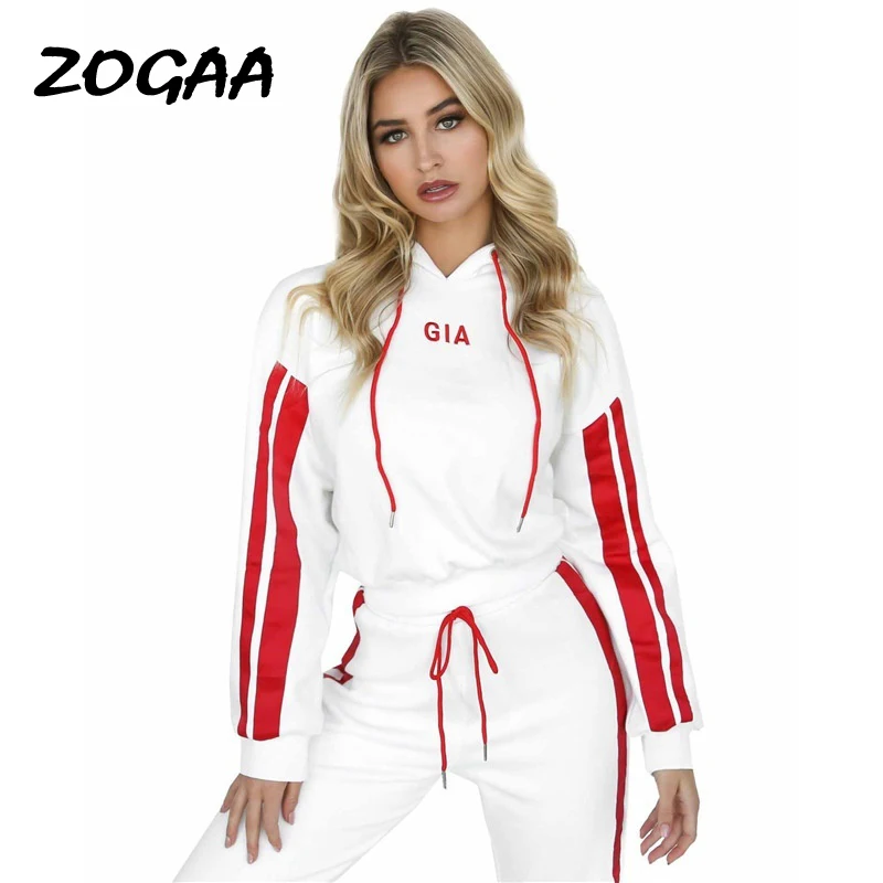 

Женский спортивный костюм ZOGAA, весенне-осенний комплект из двух предметов, топ с капюшоном и штаны, спортивный костюм в полоску с эластичной ...