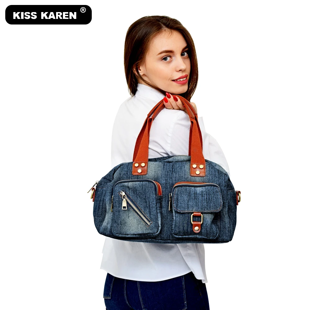 KISS KAREN, винтажные модные джинсовые сумки-тоуты, женская джинсовая сумка, женские сумки, женские сумки через плечо, Ретро стиль, с верхней ручкой, повседневные, через плечо - Цвет: Denim blue