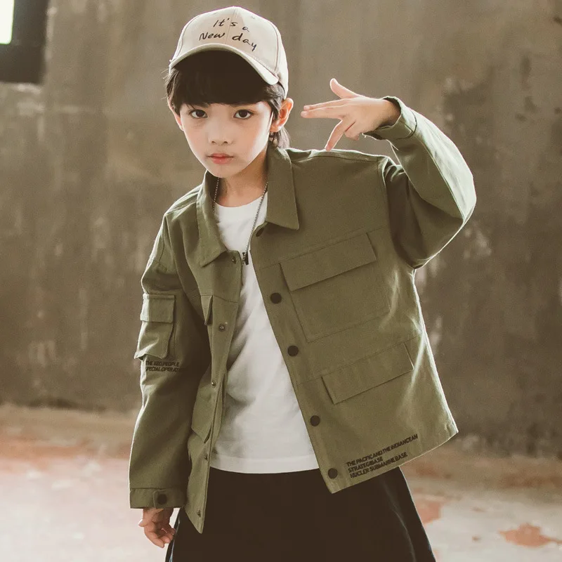 

2021 Spring Casual Boys' Solid Color Multi Pocket Lapel Letter Work Clothes Fashion Coat Pants Jacket 4 5 7 8 9 10 11 12 Years