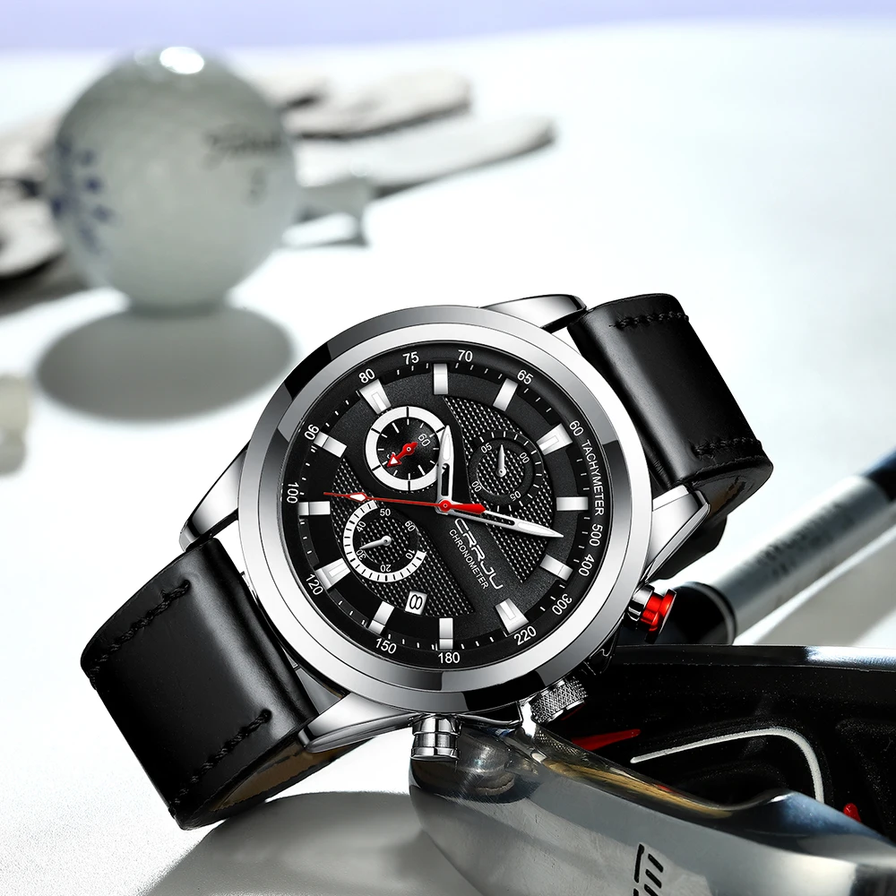 

CRRJU New Fashion Watch Men Analog Quartz Wristwatches 30M Waterproof Chronograph Sport Date Leather Band Watches montre homme