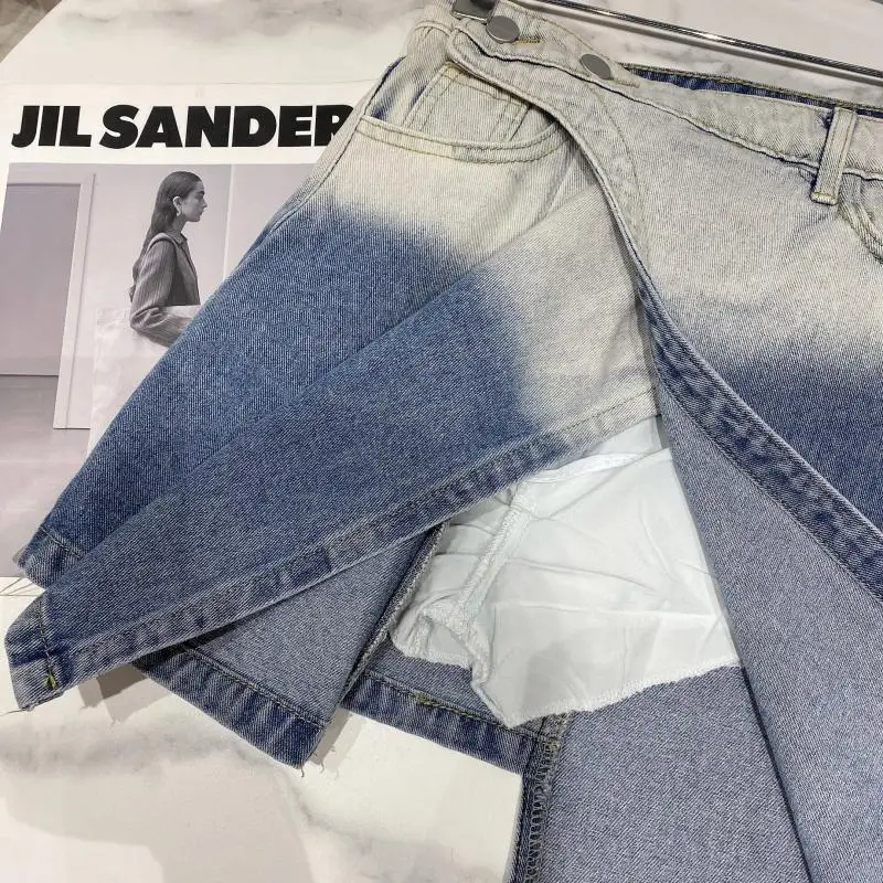 

2021 Summer New Graceful Irregular Gradient Women Mini Short Jeans Ladies Fashion Fake Two Pieces Hip Above Knee Denim Pants