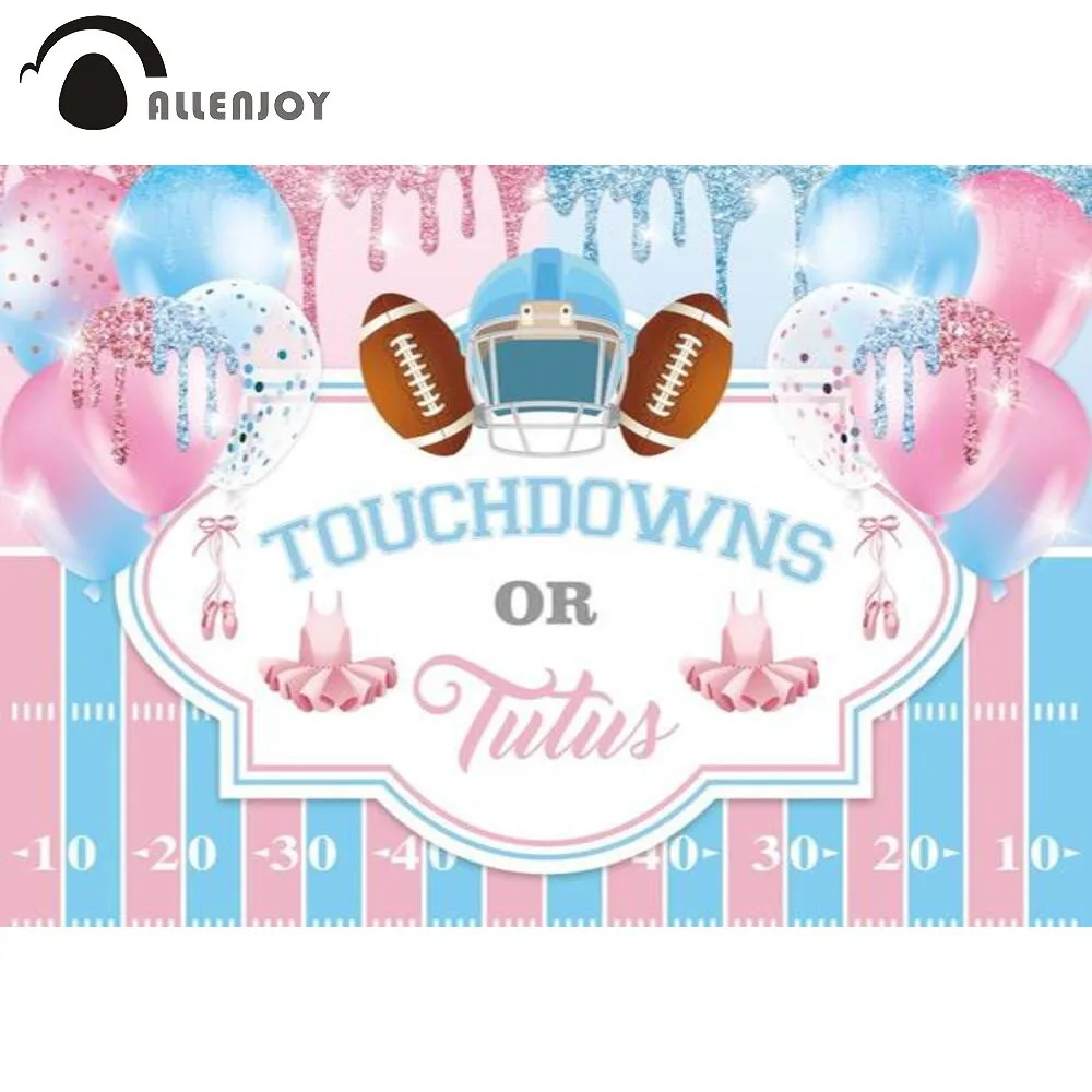 

Allenjoy Gender Reveal Touchdowns or Tutus Backdrop Boy or Girl Background Glitter Pink Blue Balloons Decor Banner Supplies