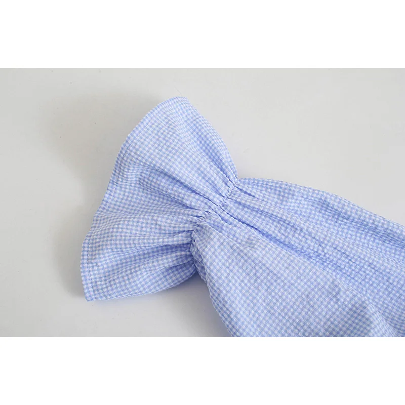 

2021 Fashion Women Sky Blue Plaid Print Summer Dress Za Vintage Puff Short Sleeve Back Bow Ladies Midi Dress