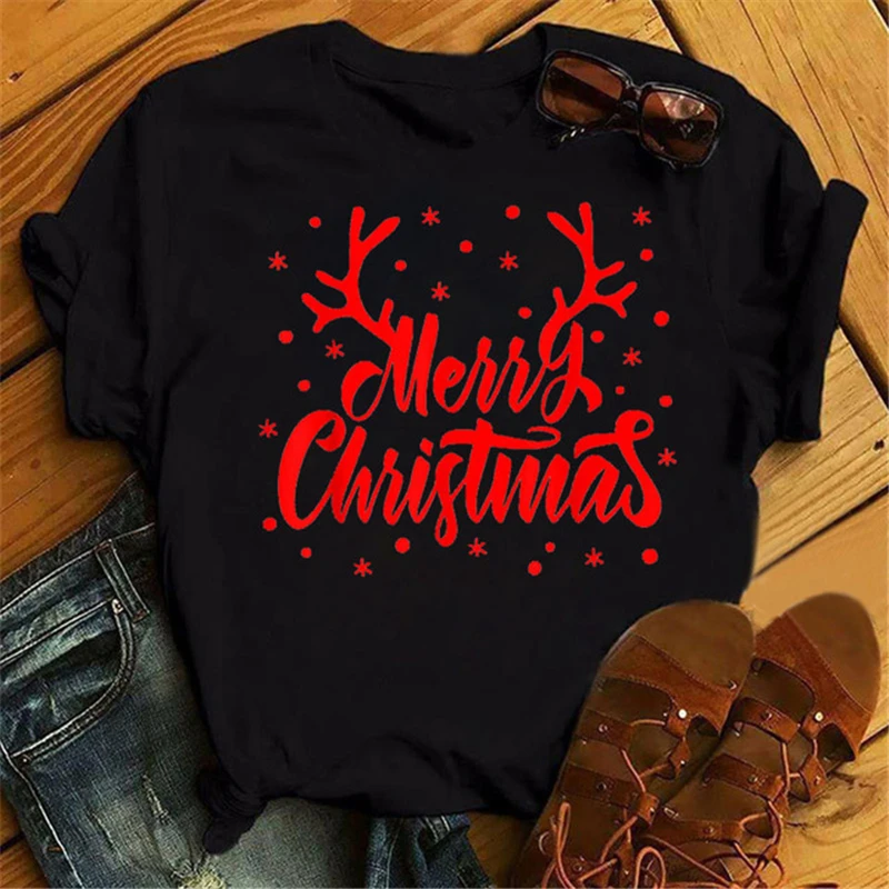 

Merry Christmas Antlers Women's Fashion Black Tops Tee Casual Women's O-Neck Women's White Tops T-shirts Girls T-shirts