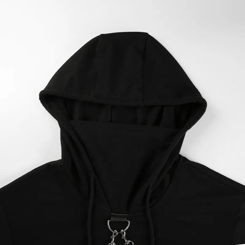 

Gothic Super Short Jacket Women Harajuku Punk Hooded Crop Tops Coat Loose Black Red Long Sleeve Sweatshirt Hoodies with Chains